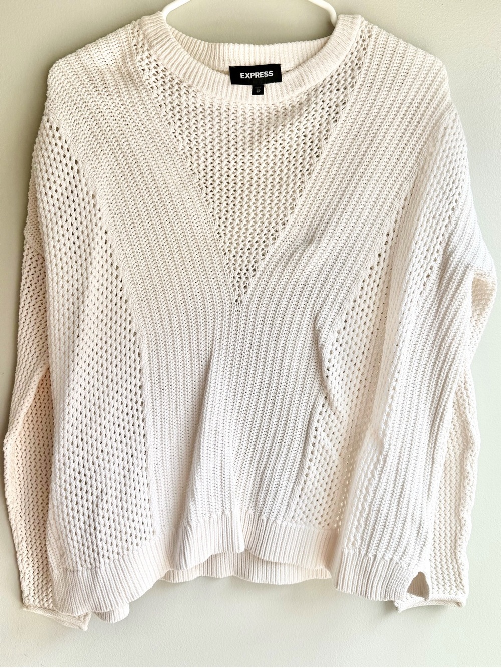 Express Cream Open-Knit Crewneck Sweater